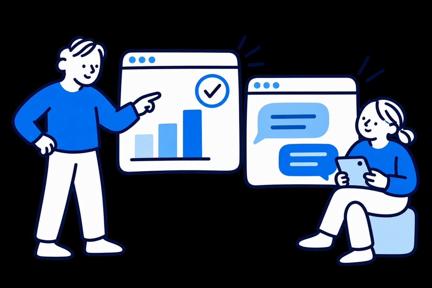 AIの利用状況を確認する人と、対話型のアプリを使う人のイラスト